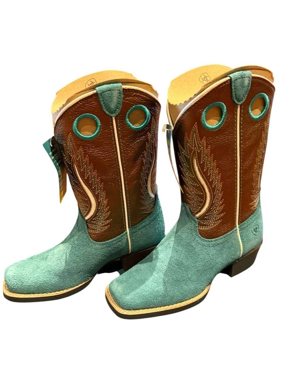 Ariat Kids Futurity Fort Worth Teal Suede & Brown Leather Cowboy Boots Youth 13